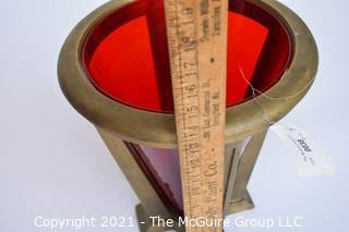 Architectural Conical Form Heavy Bronze Floor Stand with Red Glass Insert; 12" wide at top rim x 13" tall