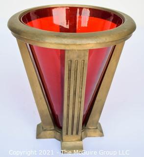 Architectural Conical Form Heavy Bronze Floor Stand with Red Glass Insert; 12" wide at top rim x 13" tall