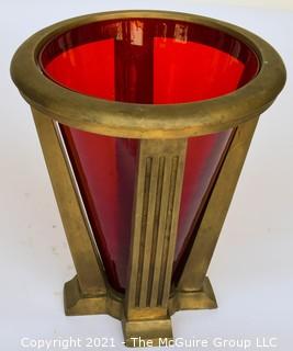 Architectural Conical Form Heavy Bronze Floor Stand with Red Glass Insert; 12" wide at top rim x 13" tall