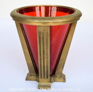 Architectural Conical Form Heavy Bronze Floor Stand with Red Glass Insert; 12" wide at top rim x 13" tall