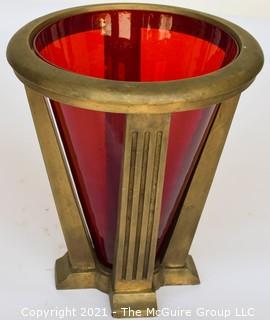 Architectural Conical Form Heavy Bronze Floor Stand with Red Glass Insert; 12" wide at top rim x 13" tall