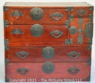 Asian Tansu Chest on Chest with Bronze Hardware.  Some damage to drawers and back.  WE HAVE NO MEASUREMENTS FOR THIS 