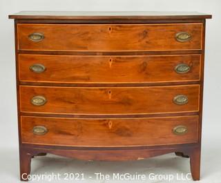 Victorian Veneered Walnut Bow Front Chest Of Drawers with Brass Hardware; 38" tall x  21" deep x 41" wide