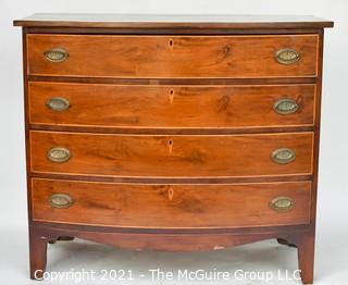 Victorian Veneered Walnut Bow Front Chest Of Drawers with Brass Hardware; 38" tall x  21" deep x 41" wide