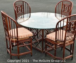 Chinoiserie Chippendale Style Rattan & Bamboo Dining Set with Glass Top Table and Four Cane Seat Chairs .