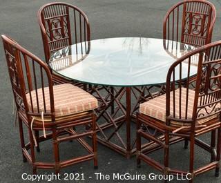 Chinoiserie Chippendale Style Rattan & Bamboo Dining Set with Glass Top Table and Four Cane Seat Chairs .