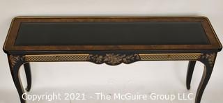 Et Cetera Gilt & Black Lacquer Drexel Heritage Chinoiserie Style Console with Glass Top and Two Drawers; 54" wide x 16" Deep x 27" Tall