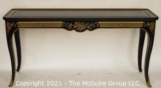 Et Cetera Gilt & Black Lacquer Drexel Heritage Chinoiserie Style Console with Glass Top and Two Drawers; 54" wide x 16" Deep x 27" Tall