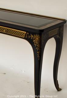 Et Cetera Gilt & Black Lacquer Drexel Heritage Chinoiserie Style Console with Glass Top and Two Drawers; 54" wide x 16" Deep x 27" Tall