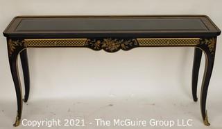 Et Cetera Gilt & Black Lacquer Drexel Heritage Chinoiserie Style Console with Glass Top and Two Drawers; 54" wide x 16" Deep x 27" Tall