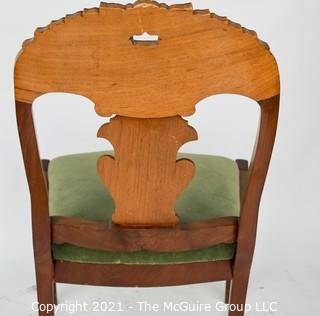 Carved Walnut Side Chair with Green Velvet Seat. 