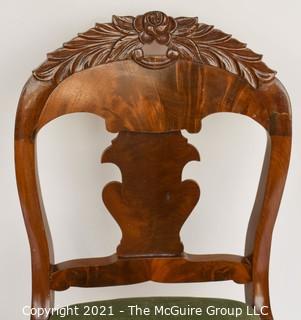 Carved Walnut Side Chair with Green Velvet Seat. 