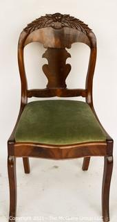 Carved Walnut Side Chair with Green Velvet Seat. 