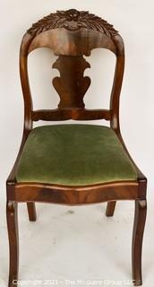 Carved Walnut Side Chair with Green Velvet Seat. 