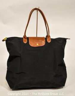 Longchamp Le Pliage Foldable Large Tote Bag with Leather Handles and Flap. 