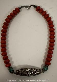 Vintage Tribal Hand Carved Red Stone Bead with Inlaid Carved, Silver Metal Beaded Necklace 