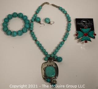 Set of Turquoise Costume Jewelry Including Teng Yue Signed Necklace, Brooch, Bracelet and Dangle Earrings.