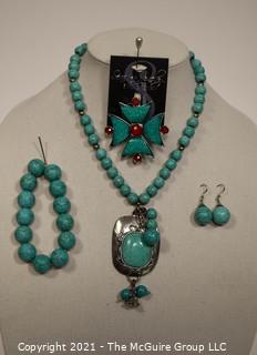 Set of Turquoise Costume Jewelry Including Teng Yue Signed Necklace, Brooch, Bracelet and Dangle Earrings.