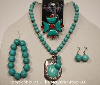 Set of Turquoise Costume Jewelry Including Teng Yue Signed Necklace, Brooch, Bracelet and Dangle Earrings.