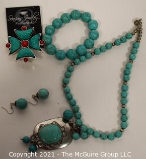 Set of Turquoise Costume Jewelry Including Teng Yue Signed Necklace, Brooch, Bracelet and Dangle Earrings.