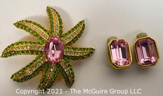 Cinar Pink, Green & Clear Rhinestone Flower Brooch with Matching Clip On Earrings.