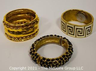 Three Costume Jewelry Bangle Bracelets and Watch.  Includes MMA CN & Kenneth Lane (some damage, black enamel beads missing).