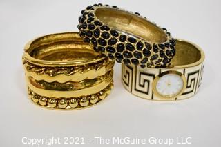 Three Costume Jewelry Bangle Bracelets and Watch.  Includes MMA CN & Kenneth Lane (some damage, black enamel beads missing).