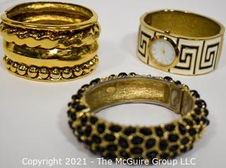 Three Costume Jewelry Bangle Bracelets and Watch.  Includes MMA CN & Kenneth Lane (some damage, black enamel beads missing).