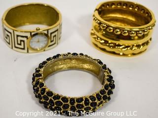 Three Costume Jewelry Bangle Bracelets and Watch.  Includes MMA CN & Kenneth Lane (some damage, black enamel beads missing).