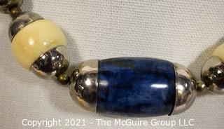 Vintage Tribal Lapis Stone & Bone Bead Necklace with Silver Metal 