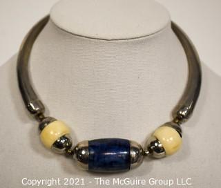 Vintage Tribal Lapis Stone & Bone Bead Necklace with Silver Metal 