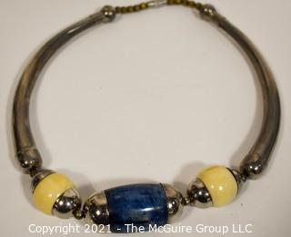 Vintage Tribal Lapis Stone & Bone Bead Necklace with Silver Metal 