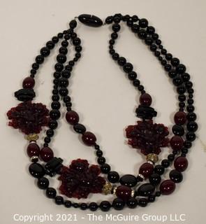 Asian Style Three Strand Lucite Beads with Scattered Pendants Necklace. 