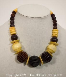 Vintage Tribal Hand Carved Wood and Bone Bead Necklace