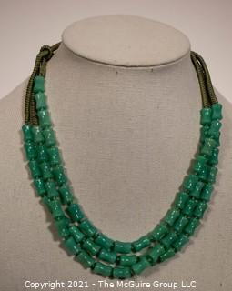 Three Strand Asian Green Bamboo Carved Green Stone Bead  on Silk Cords Necklace.