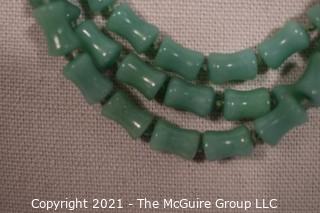 Three Strand Asian Green Bamboo Carved Green Stone Bead  on Silk Cords Necklace.