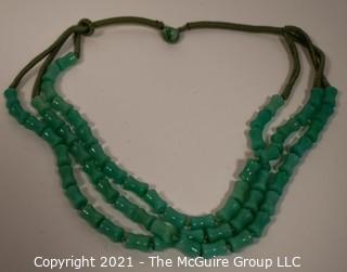 Three Strand Asian Green Bamboo Carved Green Stone Bead  on Silk Cords Necklace.