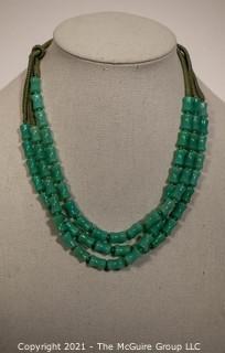 Three Strand Asian Green Bamboo Carved Green Stone Bead  on Silk Cords Necklace.