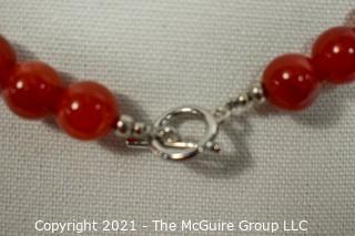 Red Carnelian Stone Knotted Bead Necklace with Toggle Clasp. 