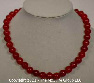 Red Carnelian Stone Knotted Bead Necklace with Toggle Clasp. 