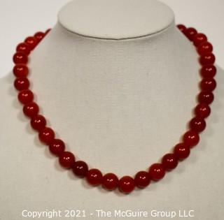 Red Carnelian Stone Knotted Bead Necklace with Toggle Clasp. 