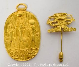 Gold Tone Egyptian Style Pendant and Pre Columbian Style Stick Pin from Metropolitan Museum of Art, MMA. 