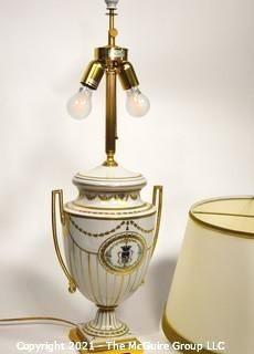 Italian Hand Painted Porcelain Table Lamp by Giulia Mangani of Neoclassical Urn Form with Custom Made Lamp Shade. 