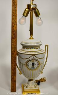 Italian Hand Painted Porcelain Table Lamp by Giulia Mangani of Neoclassical Urn Form with Custom Made Lamp Shade. 