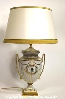 Italian Hand Painted Porcelain Table Lamp by Giulia Mangani of Neoclassical Urn Form with Custom Made Lamp Shade. 