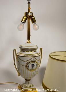 Italian Hand Painted Porcelain Table Lamp by Giulia Mangani of Neoclassical Urn Form with Custom Made Lamp Shade.