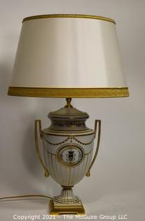 Italian Hand Painted Porcelain Table Lamp by Giulia Mangani of Neoclassical Urn Form with Custom Made Lamp Shade.