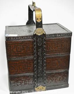 Chinese Antique Stacking Lunch Box with Brass & Lacquered Accents and Handle {TMG Business Card Placed for Perspective} 15" x 18" x 19" + handle