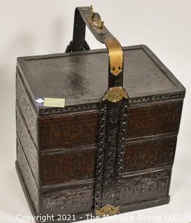 Chinese Antique Stacking Lunch Box with Brass & Lacquered Accents and Handle {TMG Business Card Placed for Perspective} 15" x 18" x 19" + handle