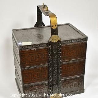 Chinese Antique Stacking Lunch Box with Brass & Lacquered Accents and Handle {TMG Business Card Placed for Perspective} 15" x 18" x 19" + handle